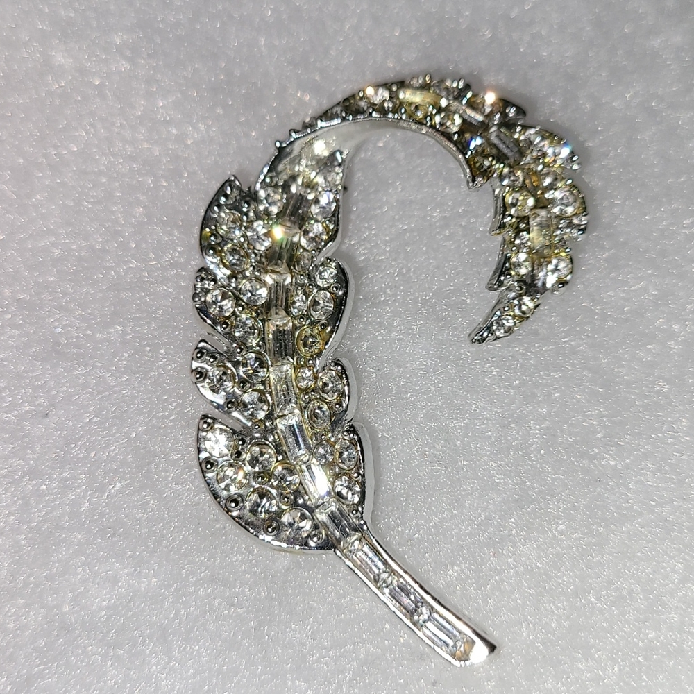 Vintage Curved Feather Brooch or Fern Pin Silver-tone with Crystal Rhinestones